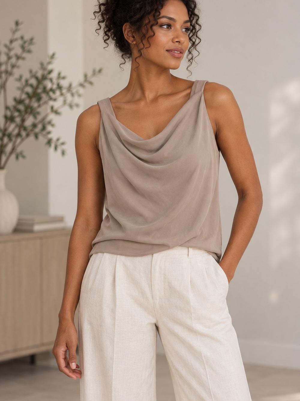 🪷MAKE OFFER🪷 NWT Theory Taupe Draped Cowl Neck Sleeveless Blouse Tank Large